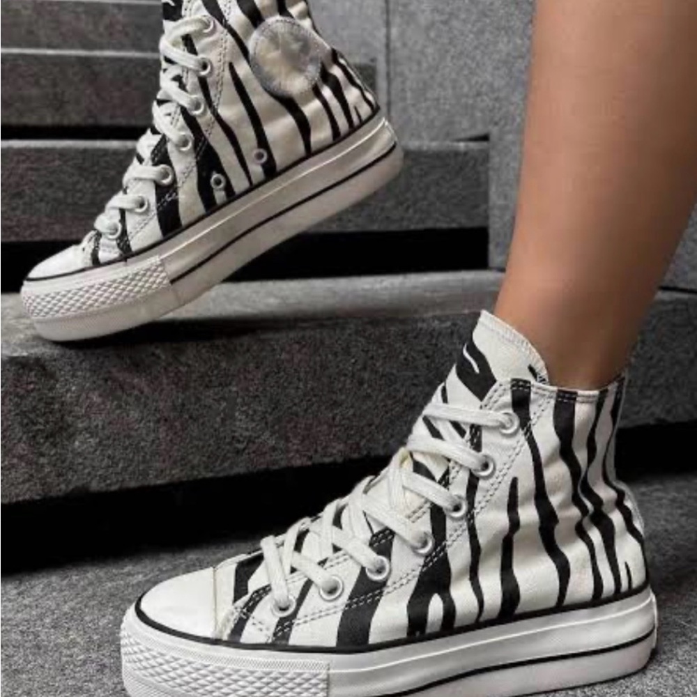 Classic High-Top Zebra Stripe Canvas Converse Sneakers - Black & White